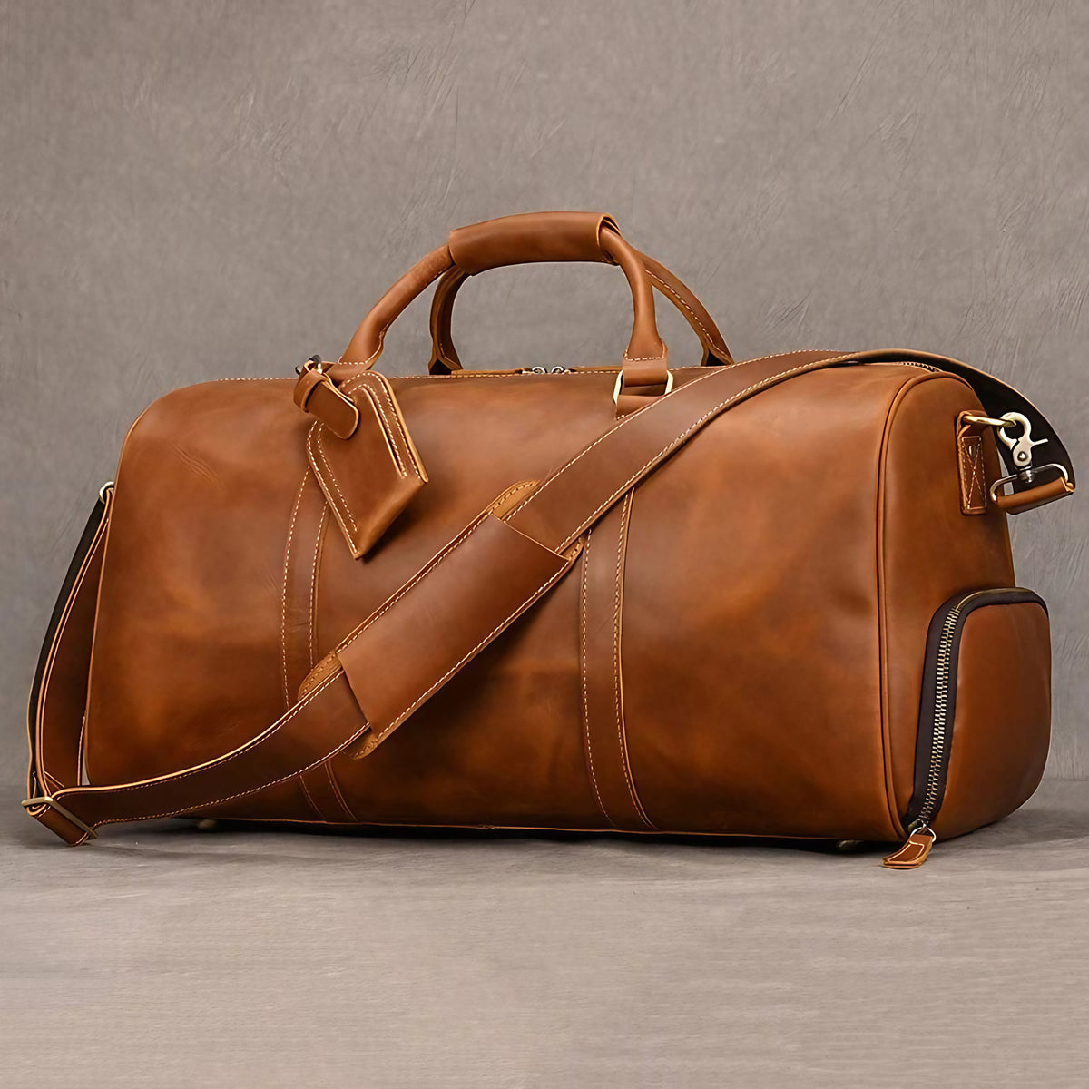 Sac de voyage homme en cuir 55 cm, compartiment à chaussures, marron