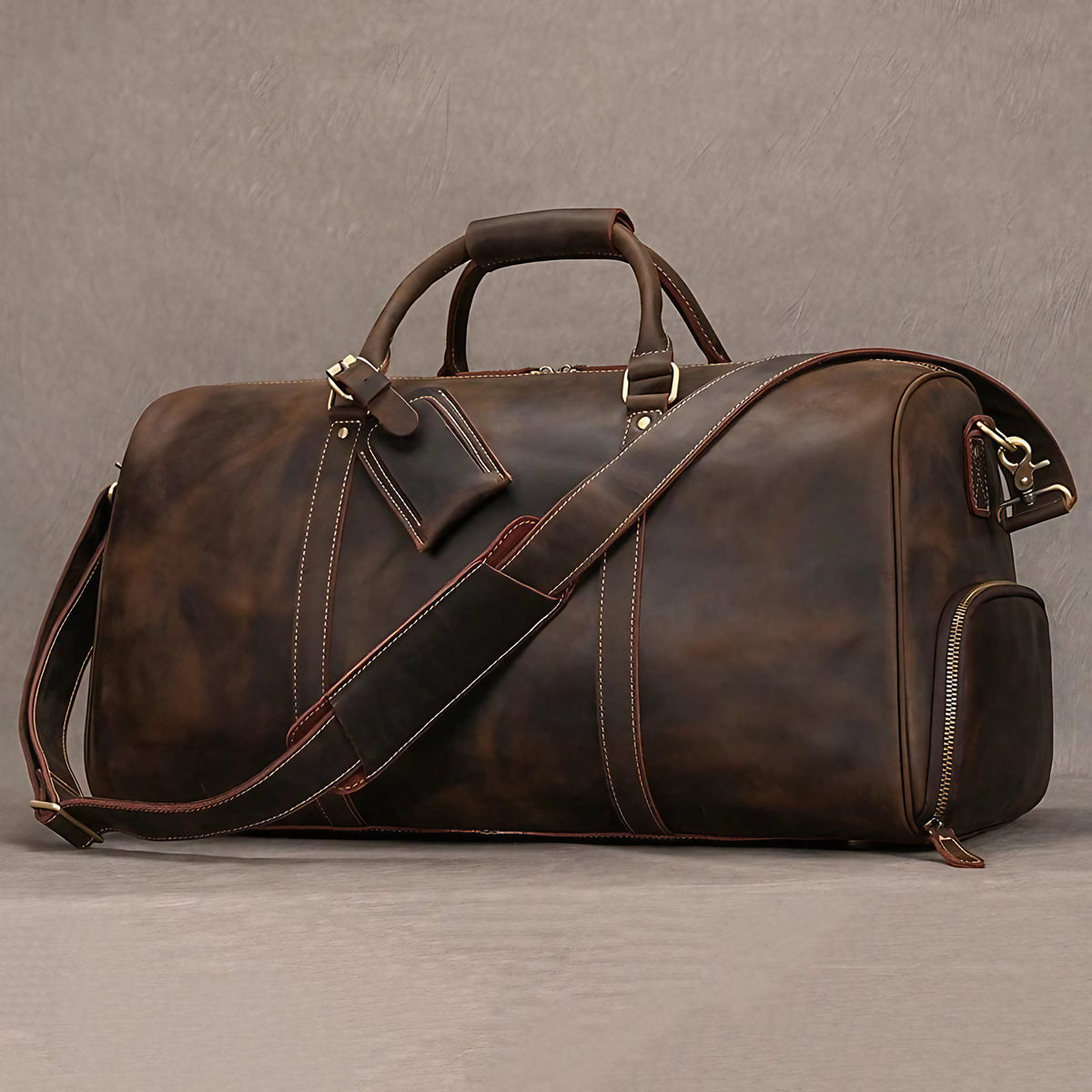 Sac de voyage homme en cuir 55 cm, compartiment à chaussures, café