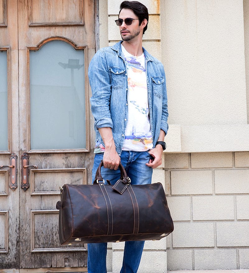 Sac de voyage homme en cuir 55 cm, compartiment à chaussures