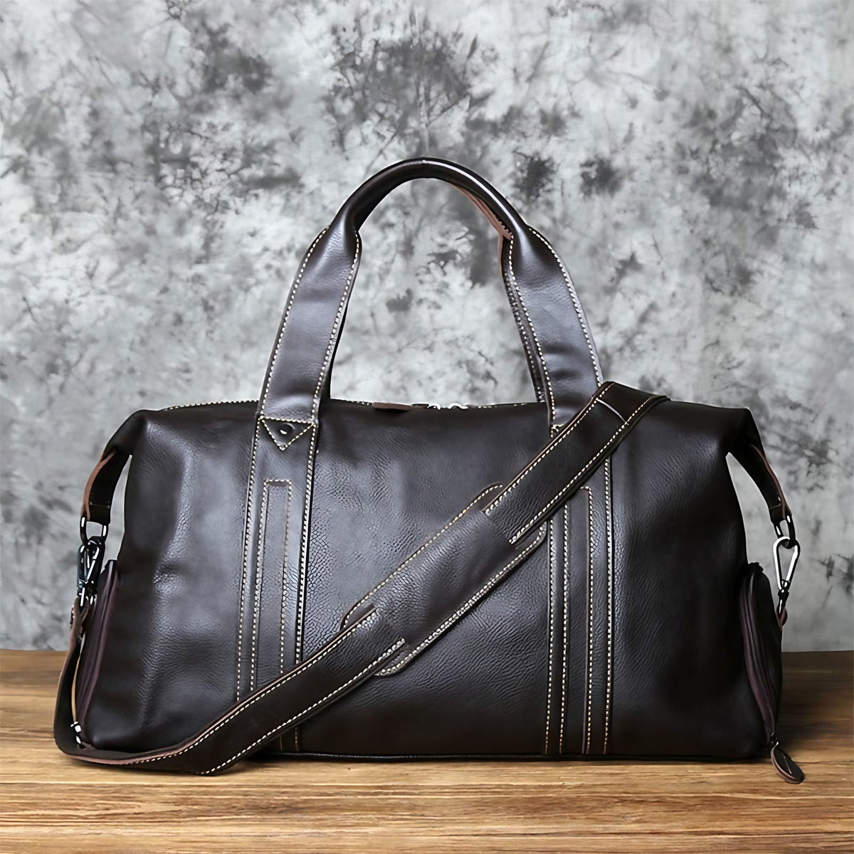 Sac de voyage homme en cuir, 45 x 17 x 28 cm, zippé, café et noir