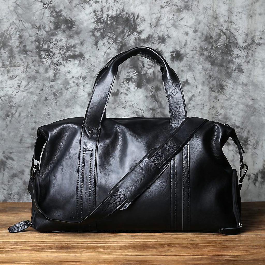 Sac de voyage homme en cuir, 45 x 17 x 28 cm, zippé, noir