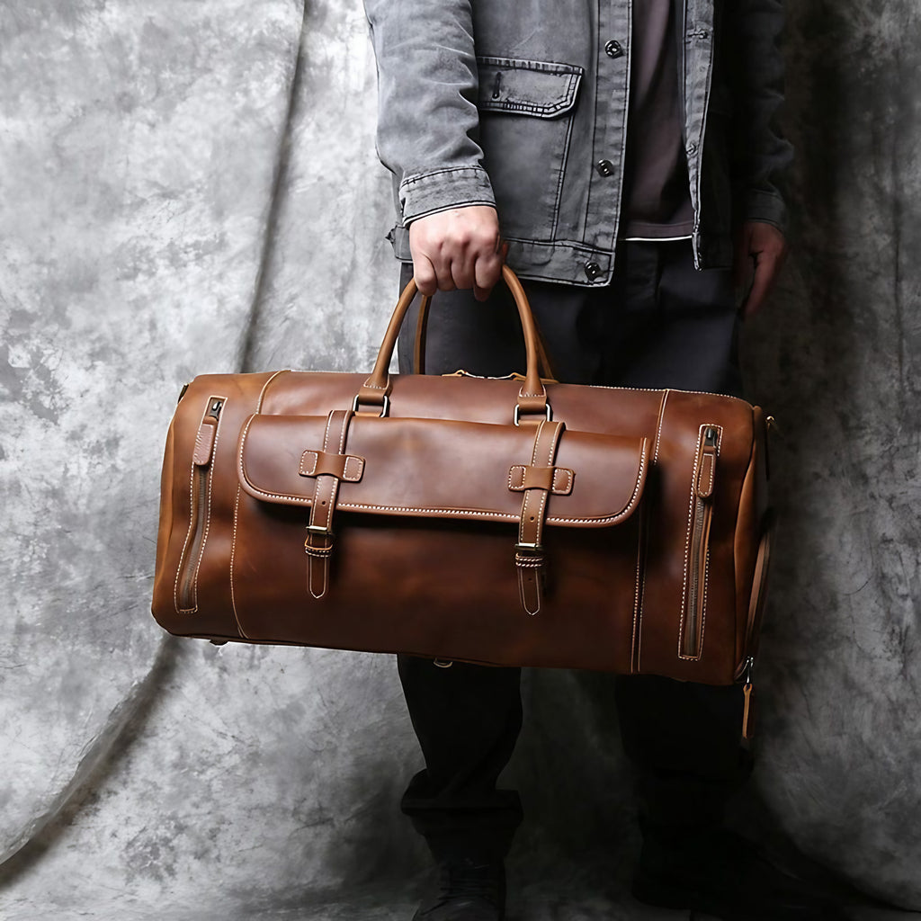 Sac de voyage homme en cuir, 52 ou 58 cm, marron ou café