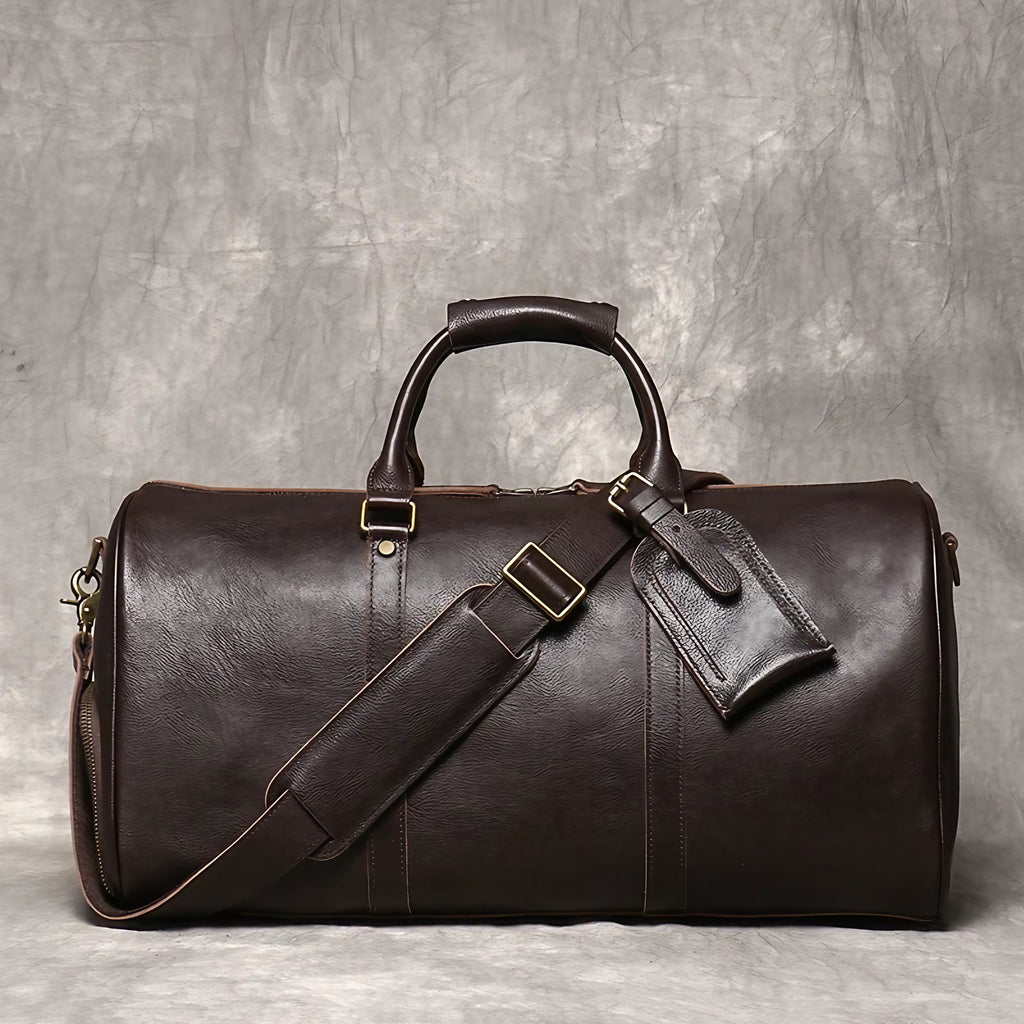 Sac de voyage homme en cuir, 50 x 25 x 25 cm, bandoulière réglable, café