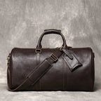 Sac de voyage homme en cuir, 50 x 25 x 25 cm, bandoulière réglable, café