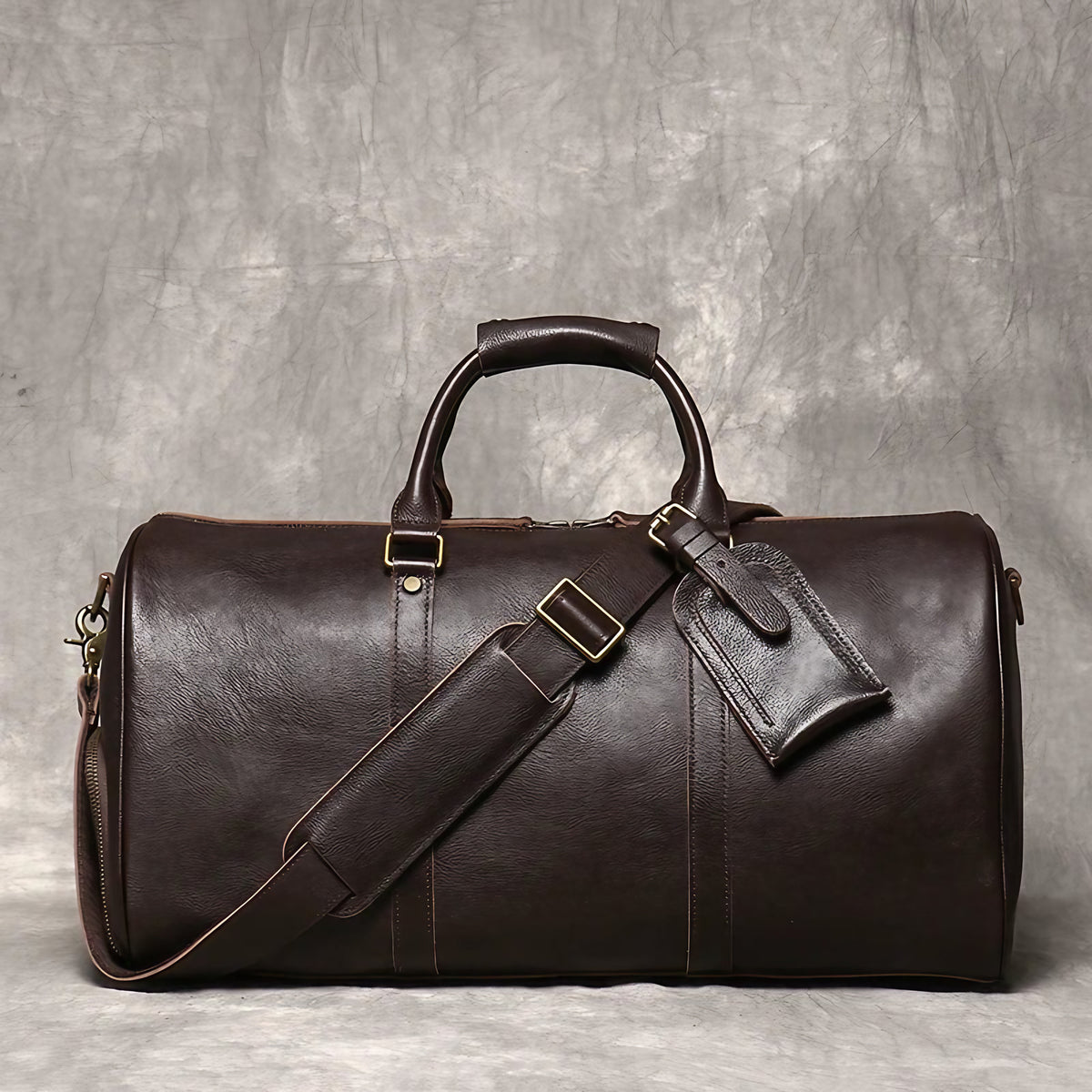 Sac de voyage homme en cuir, 50 x 25 x 25 cm, bandoulière réglable, café
