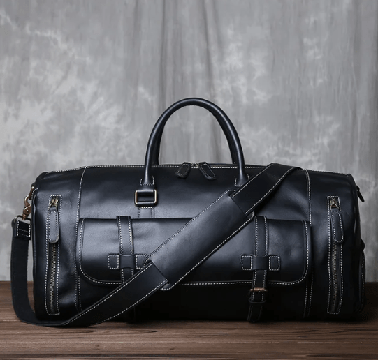 Sac de voyage homme en cuir noir, 50 cm, fermeture éclair