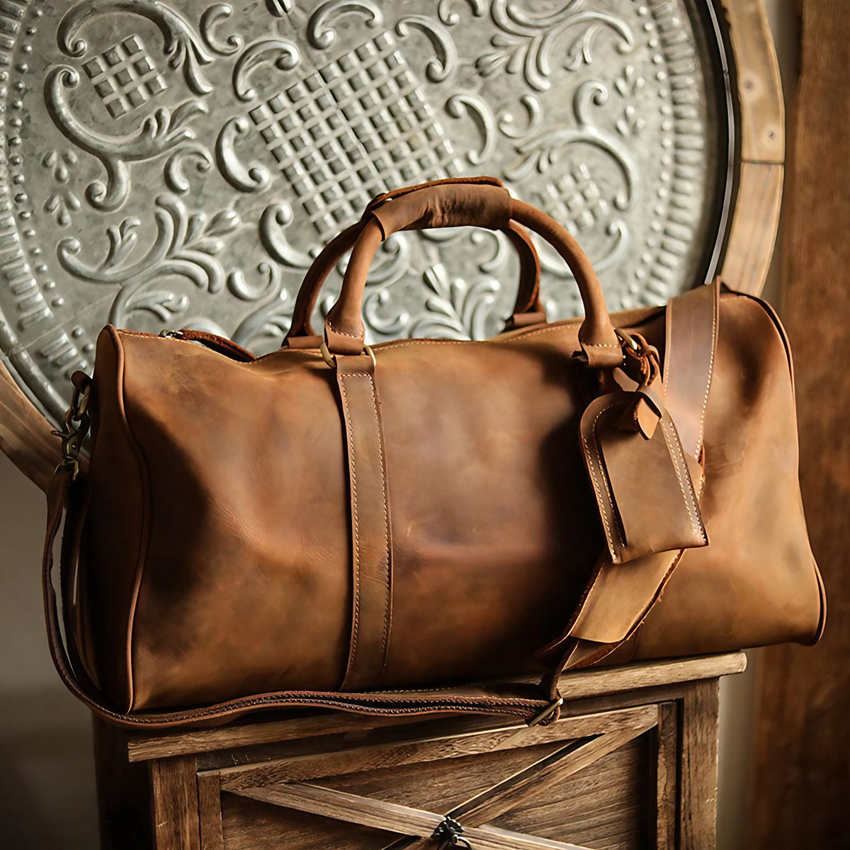Sac de voyage homme souple 50 cm, bandoulière réglable, marron rétro