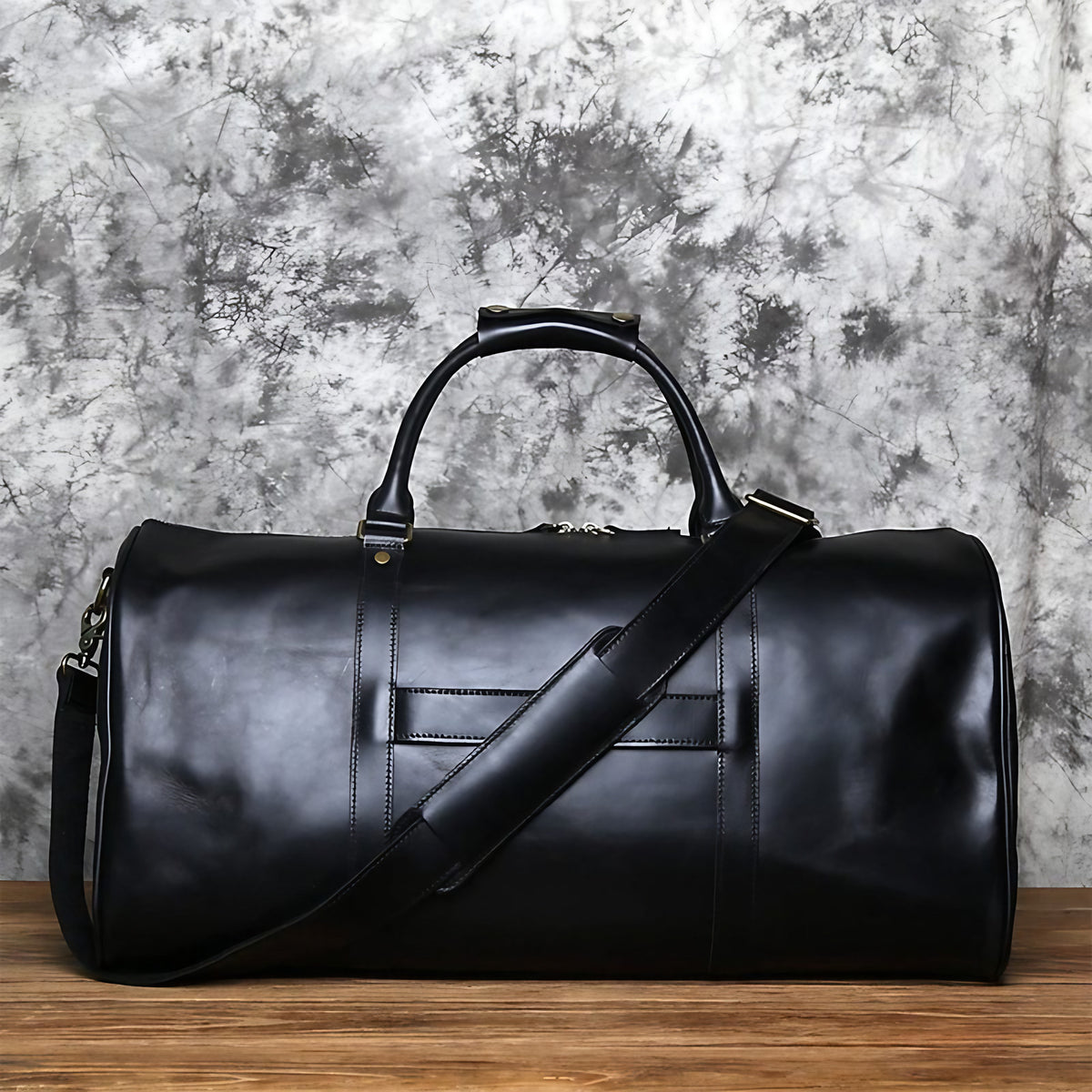 Sac de voyage homme en cuir, 55 cm, fermeture éclair, noir