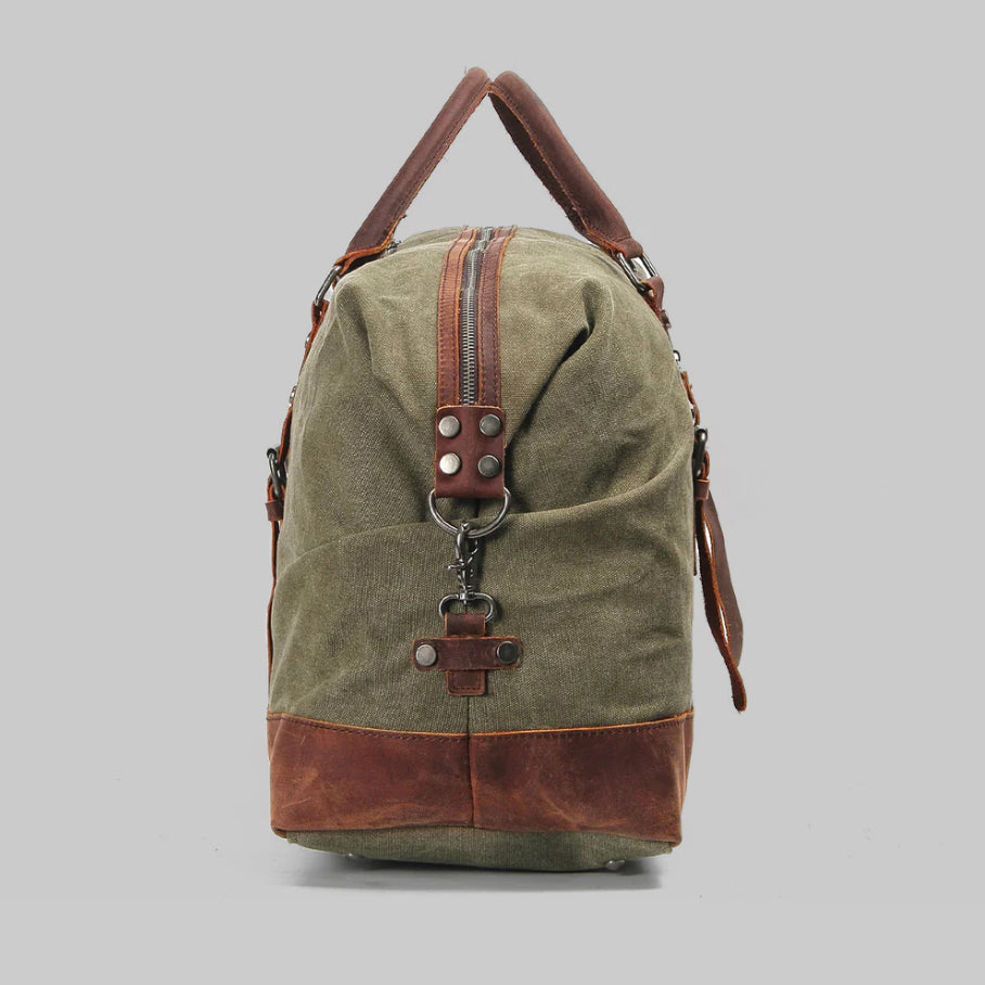 Sac de voyage bicolore style vintage, toile cirée et cuir