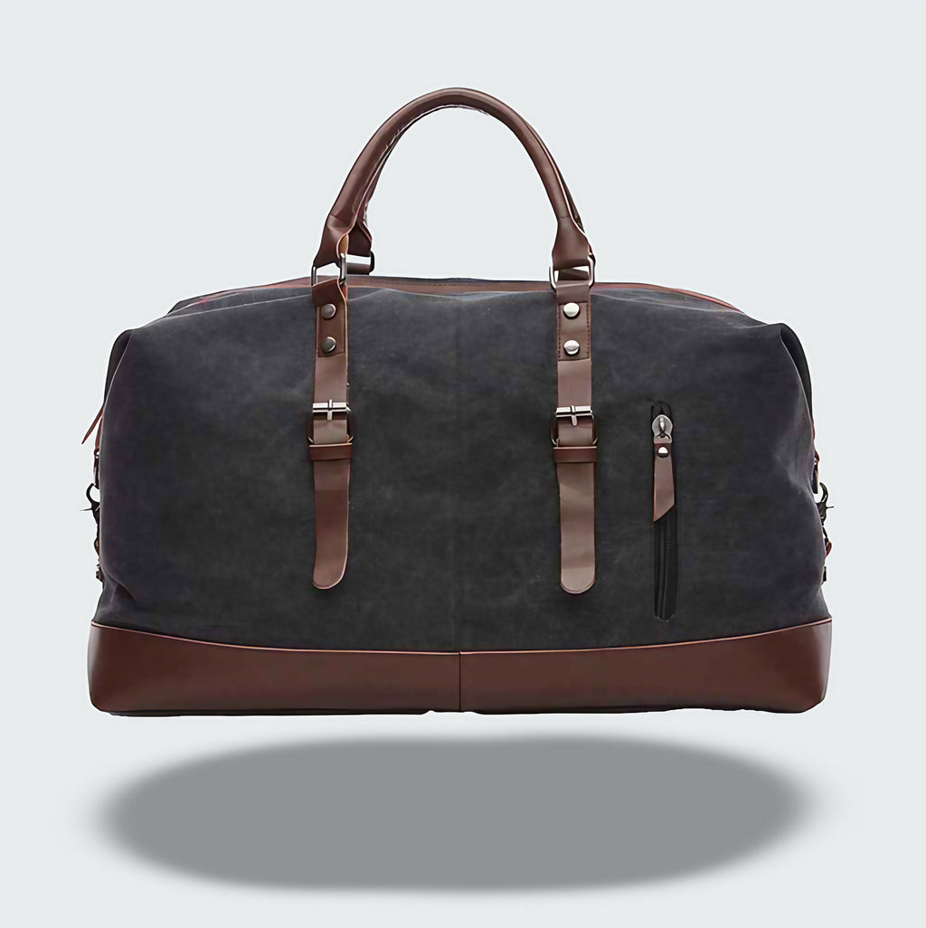 Sac de voyage bicolore style vintage, toile cirée et cuir, noir