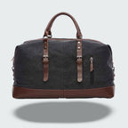 Sac de voyage bicolore style vintage, toile cirée et cuir, noir
