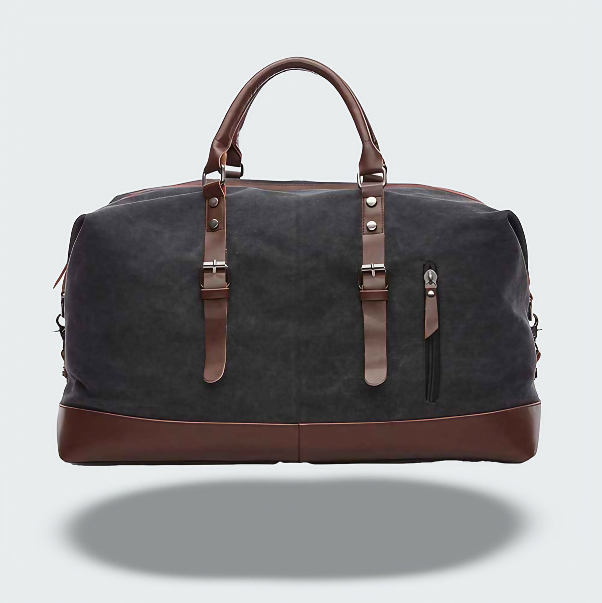 Sac de voyage bicolore style vintage, toile cirée et cuir, noir
