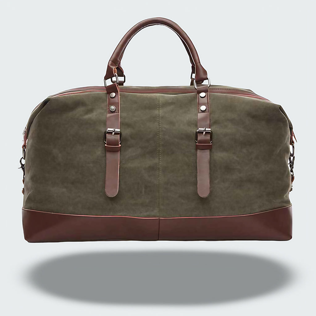 Sac de voyage bicolore style vintage, toile cirée et cuir, vert