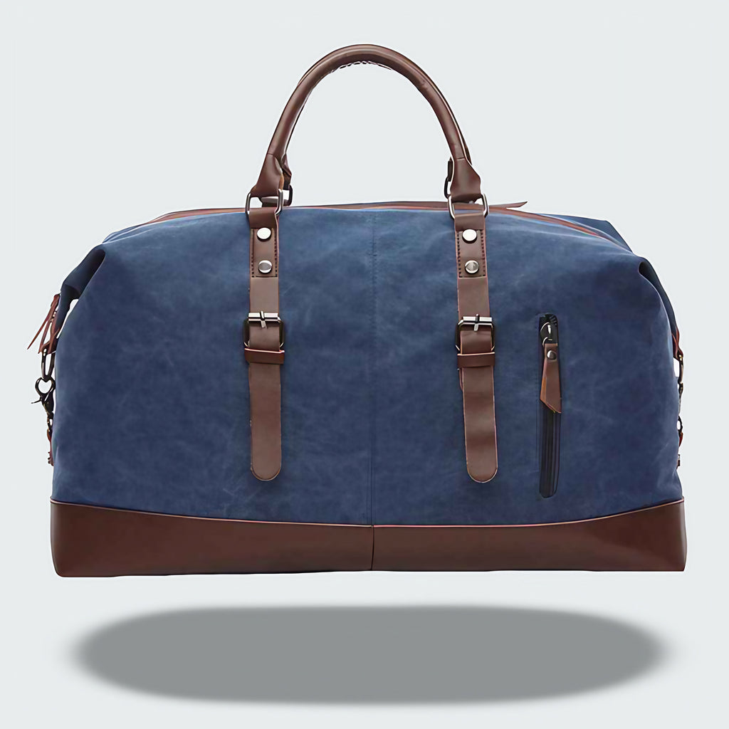 Sac de voyage bicolore style vintage, toile cirée et cuir, bleu