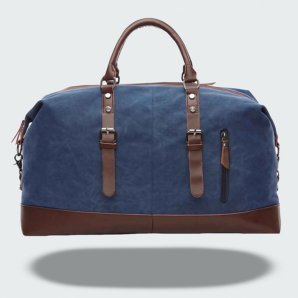 Sac de voyage bicolore style vintage, toile cirée et cuir, bleu