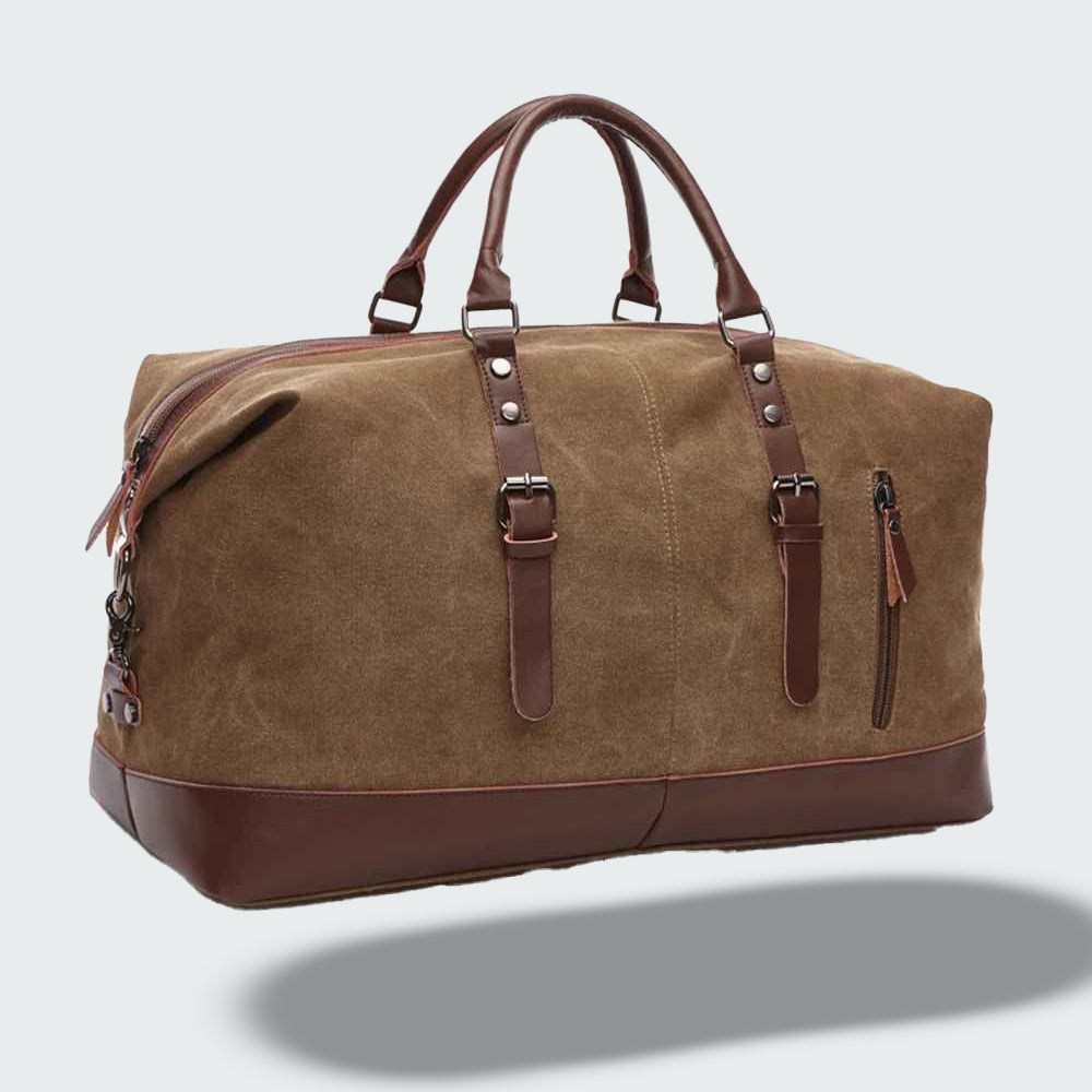 Sac de voyage bicolore style vintage, toile cirée et cuir