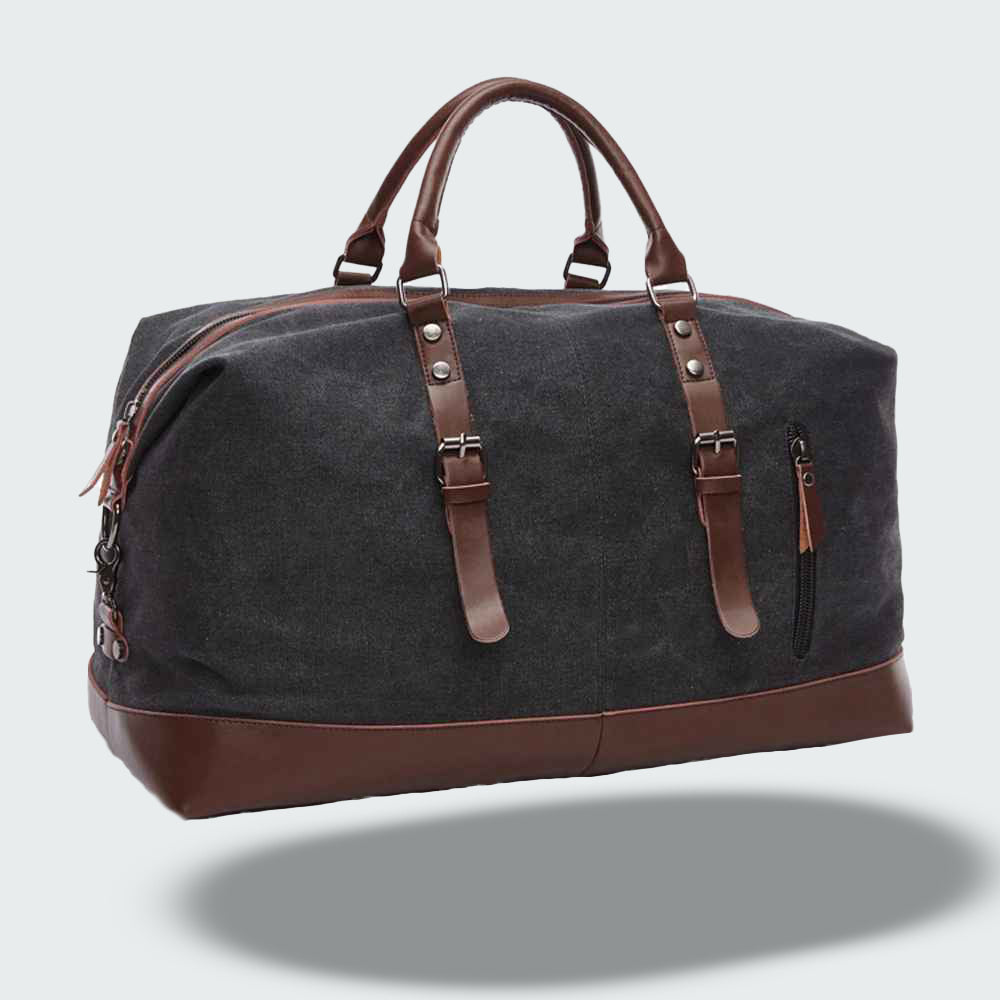 Sac de voyage bicolore style vintage, toile cirée et cuir