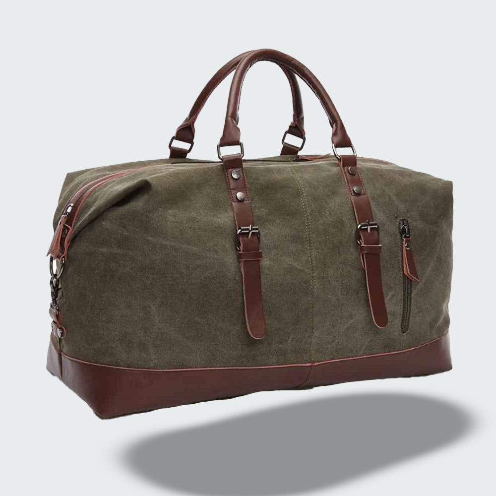 Sac de voyage bicolore style vintage, toile cirée et cuir