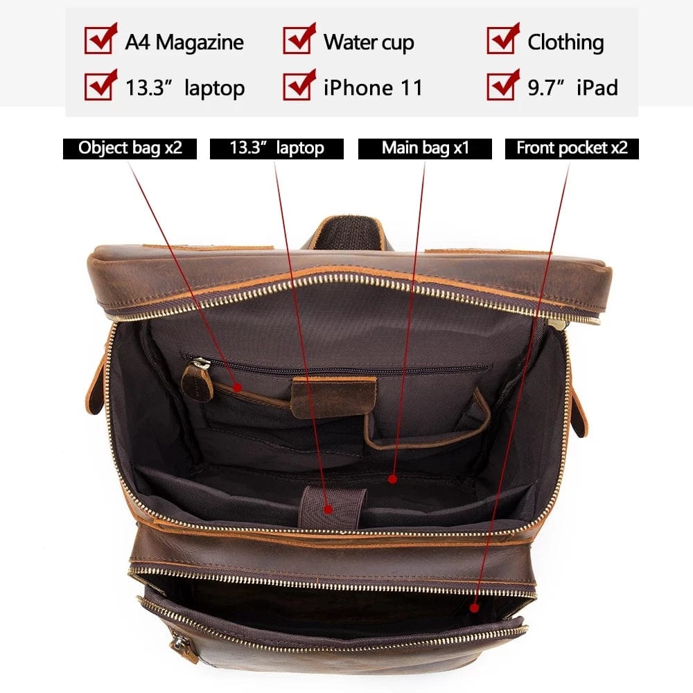 Sac à dos homme en cuir, dos rembourré, noir ou marron