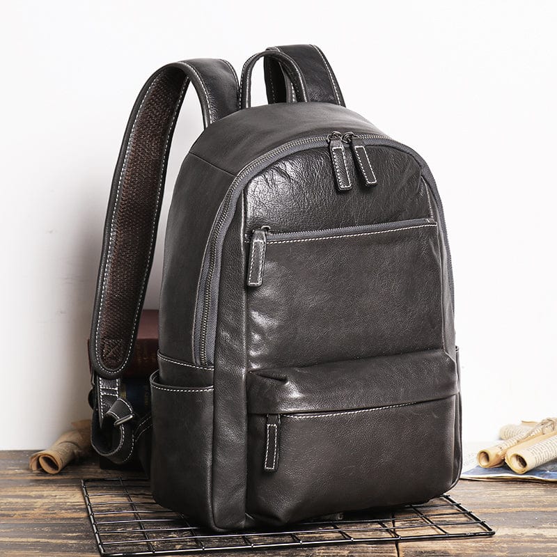 Sac à dos homme en cuir noir, 40 x 30 cm, poche zippée