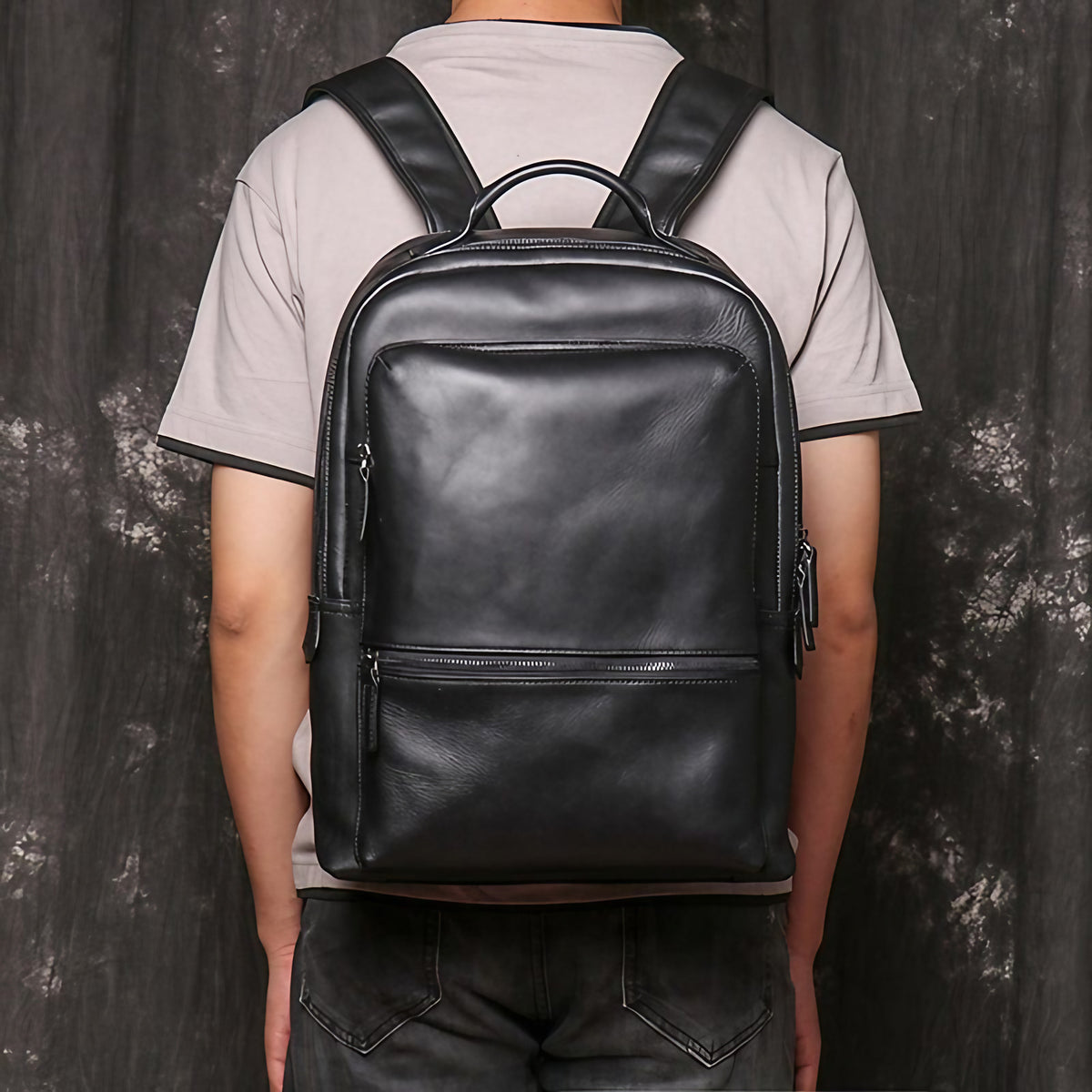 Sac à dos homme en cuir noir, 41 x 30 cm, pochette téléphone, noir
