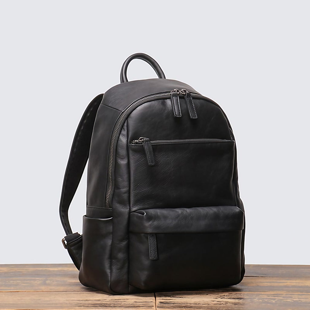 Sac à dos homme en cuir noir, 40 x 30 cm, poche zippée