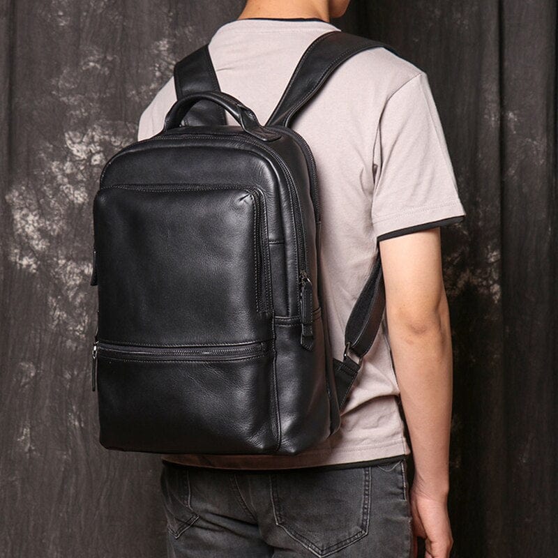 Sac à dos homme en cuir noir, 41 x 30 cm, pochette téléphone