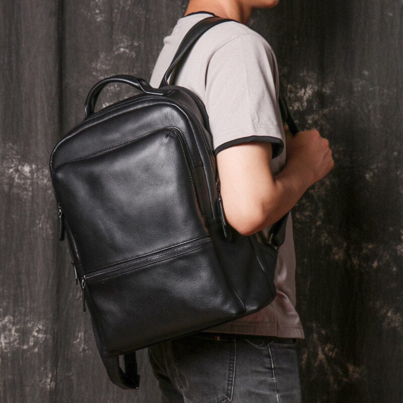 Sac à dos homme en cuir noir, 41 x 30 cm, pochette téléphone