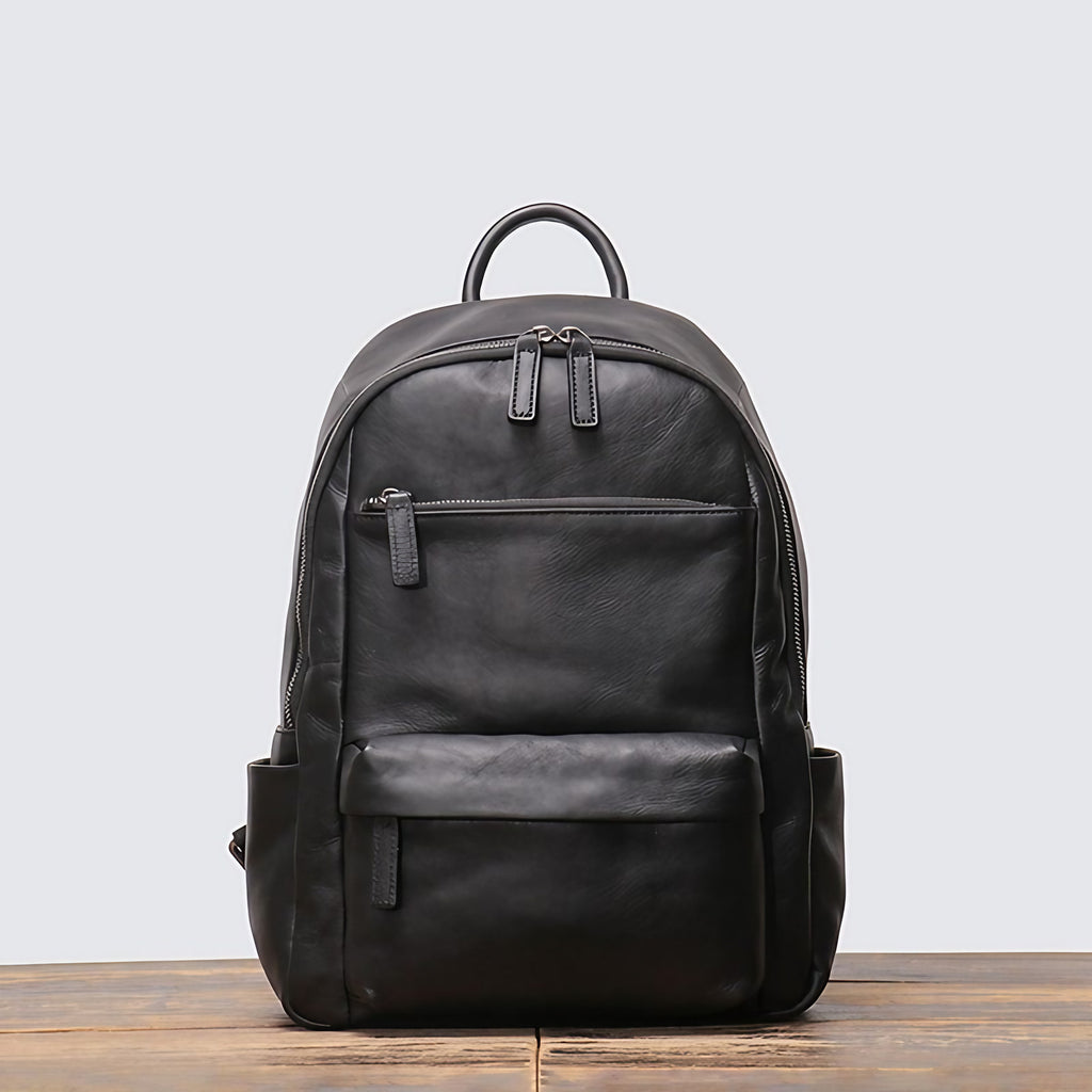 Sac à dos homme en cuir noir, 40 x 30 cm, poche zippée, noir