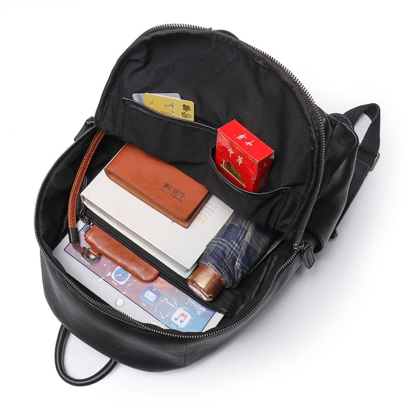 Sac à dos homme en cuir noir, 40 x 30 cm, poche zippée