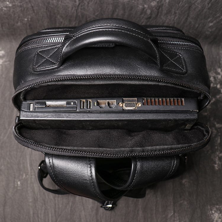 Sac à dos homme en cuir noir, 41 x 30 cm, pochette téléphone