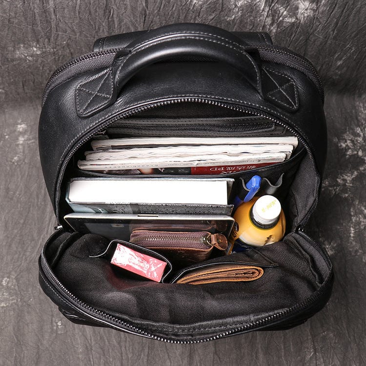 Sac à dos homme en cuir noir, 41 x 30 cm, pochette téléphone