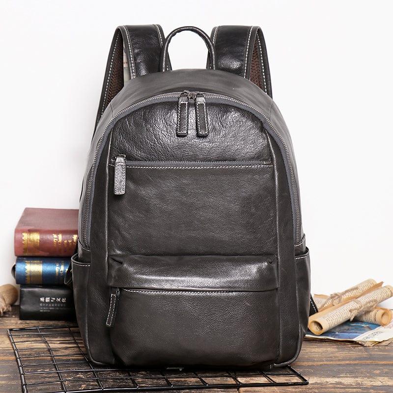 Sac à dos homme en cuir noir, 40 x 30 cm, poche zippée