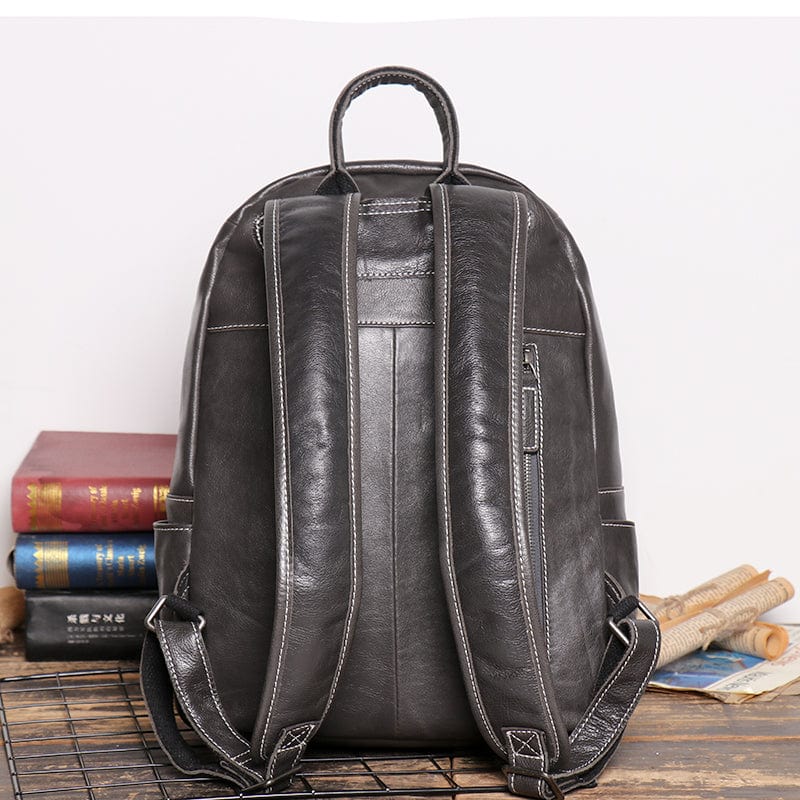Sac à dos homme en cuir noir, 40 x 30 cm, poche zippée