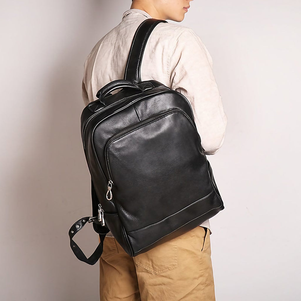 Sac à dos homme en cuir noir multipoches, 30 x 13 x 43 cm
