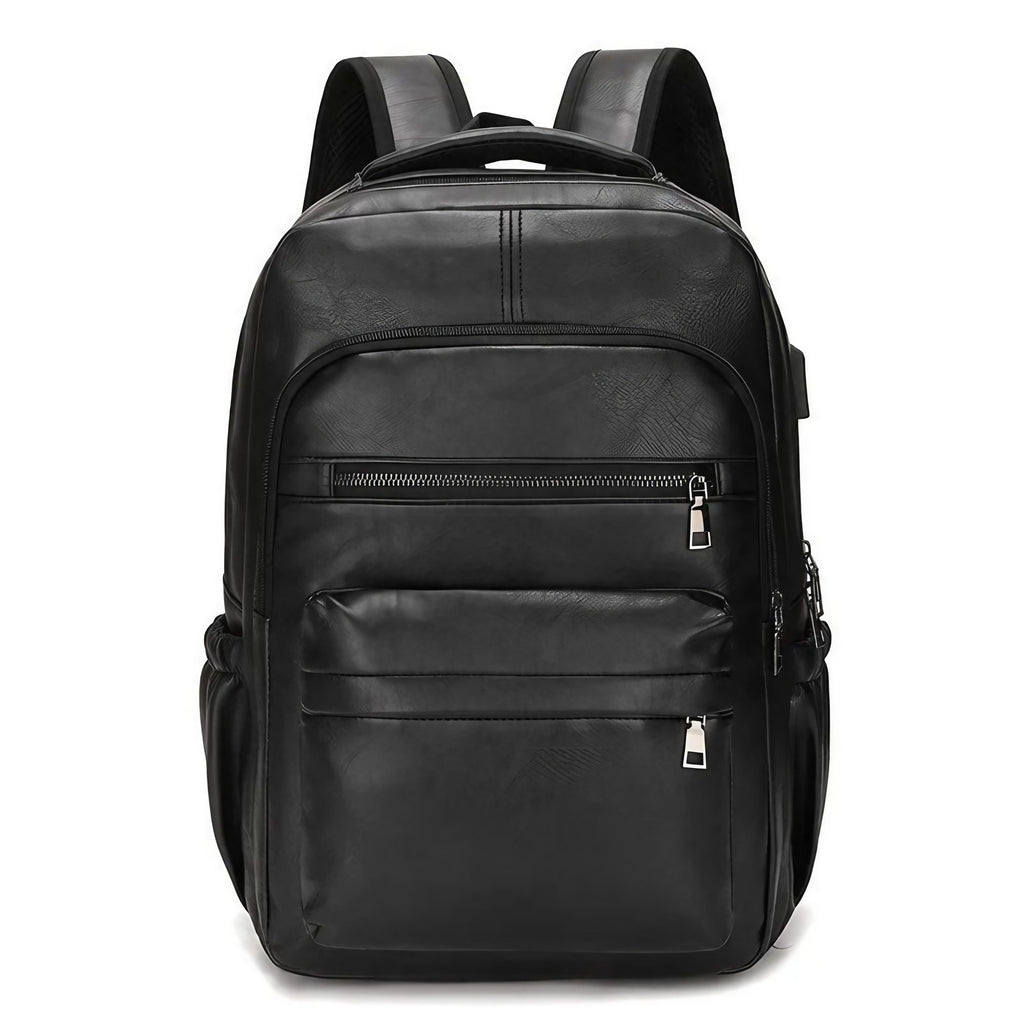 Sac à dos homme en similicuir, place pour un ordinateur, noir