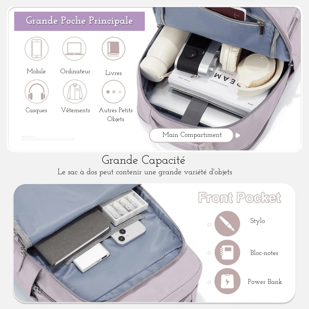 Sac à dos femme pour ordinateur 15,6 pouces en nylon Oxford