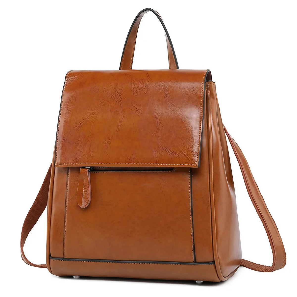 Petit sac à dos femme en similicuir lisse, à rabat, marron