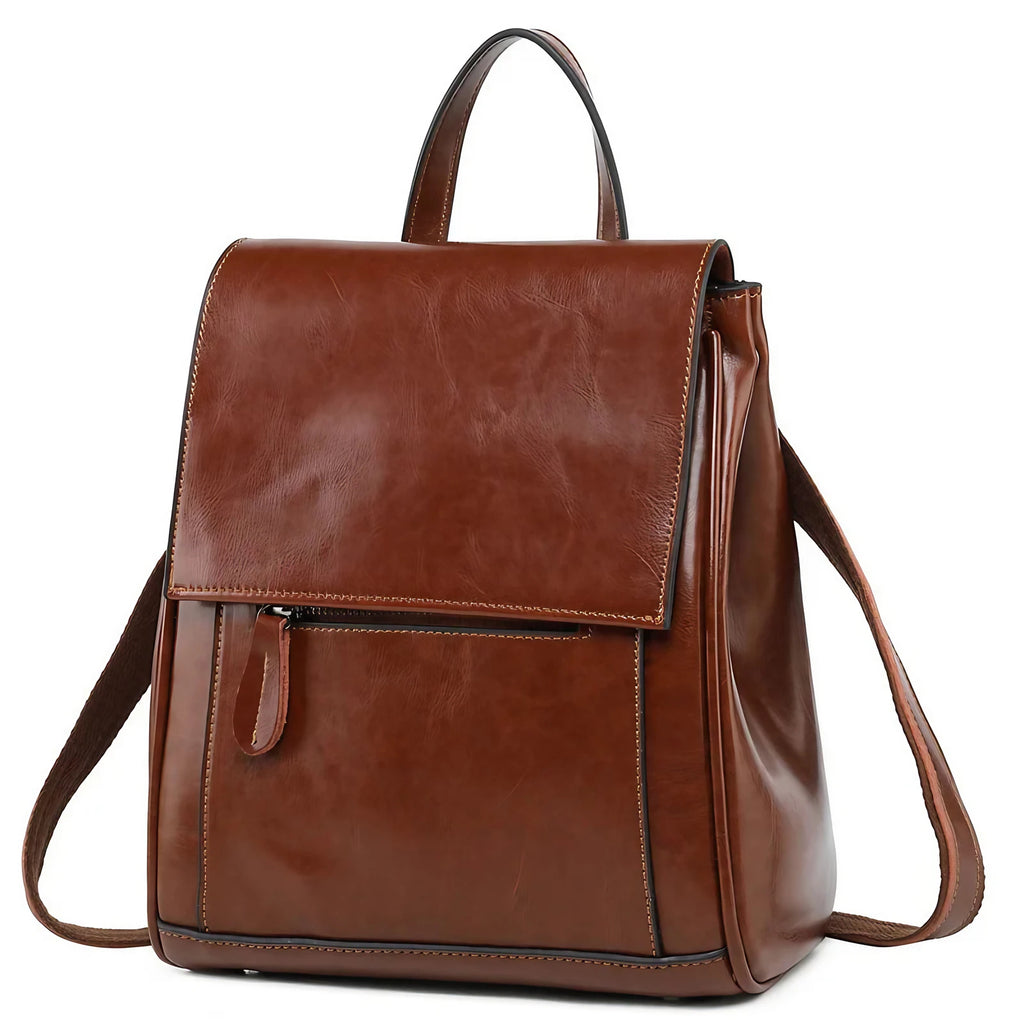 Petit sac à dos femme en similicuir lisse, à rabat, café