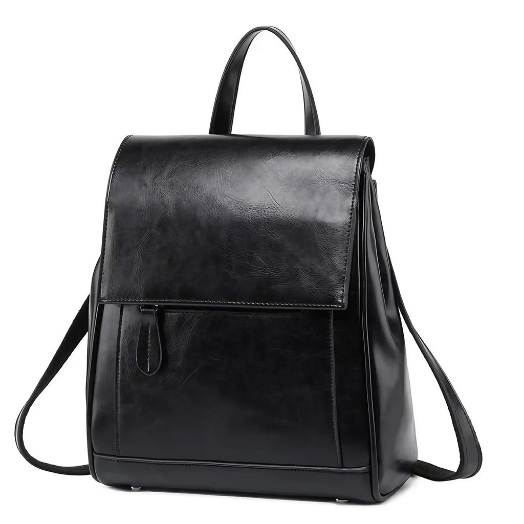 Petit sac à dos femme en similicuir lisse, à rabat, noir