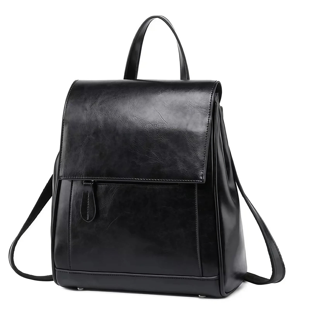 Petit sac à dos femme en similicuir lisse, à rabat, noir