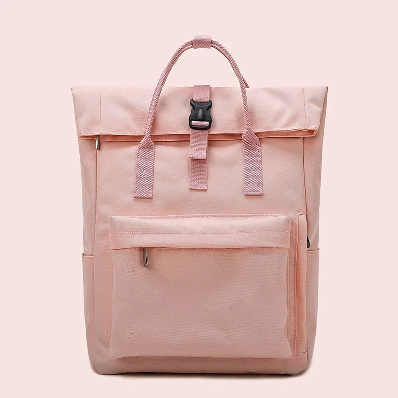 Sac à dos femme en toile à rabat, compartiment ordinateur, rose