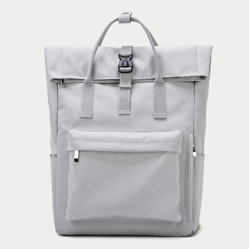 Sac à dos femme en toile à rabat, compartiment ordinateur, gris clair