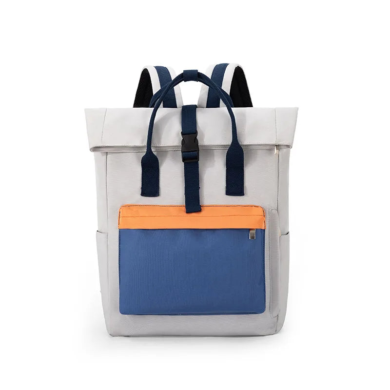 Sac à dos femme en toile à rabat, compartiment ordinateur, gris et bleu