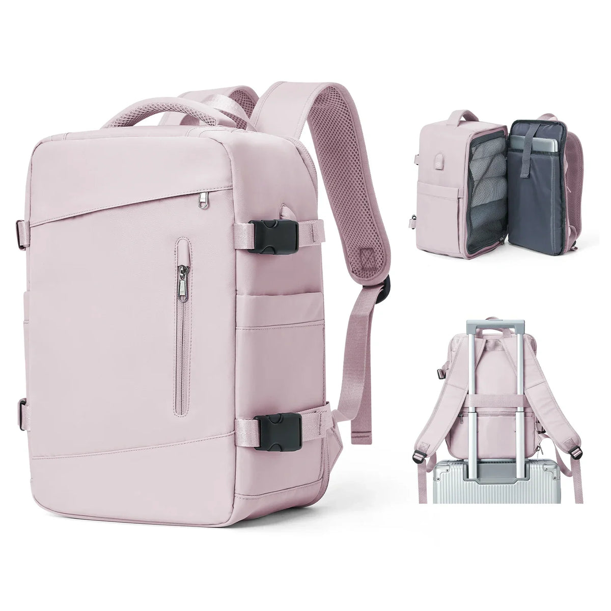 Sac à dos de voyage femme en nylon, ouverture à 180°, rose