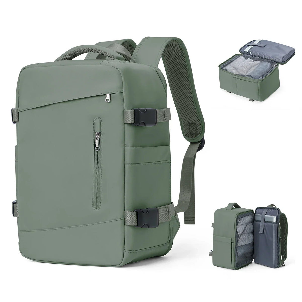 Sac à dos de voyage femme en nylon, ouverture à 180°, vert
