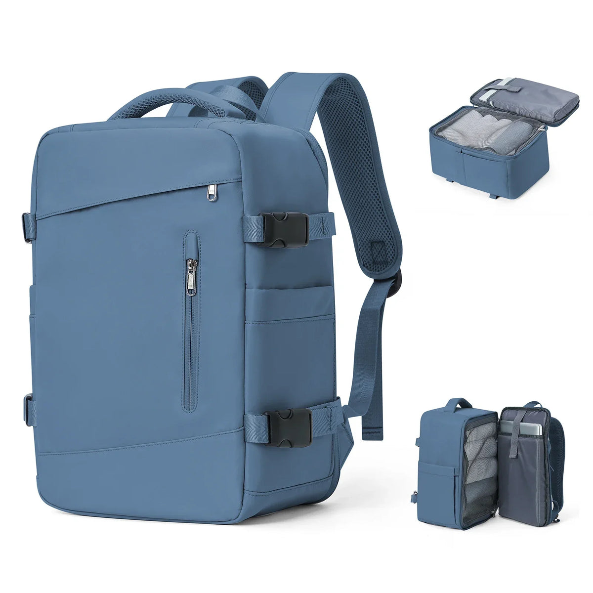 Sac à dos de voyage femme en nylon, ouverture à 180°, bleu