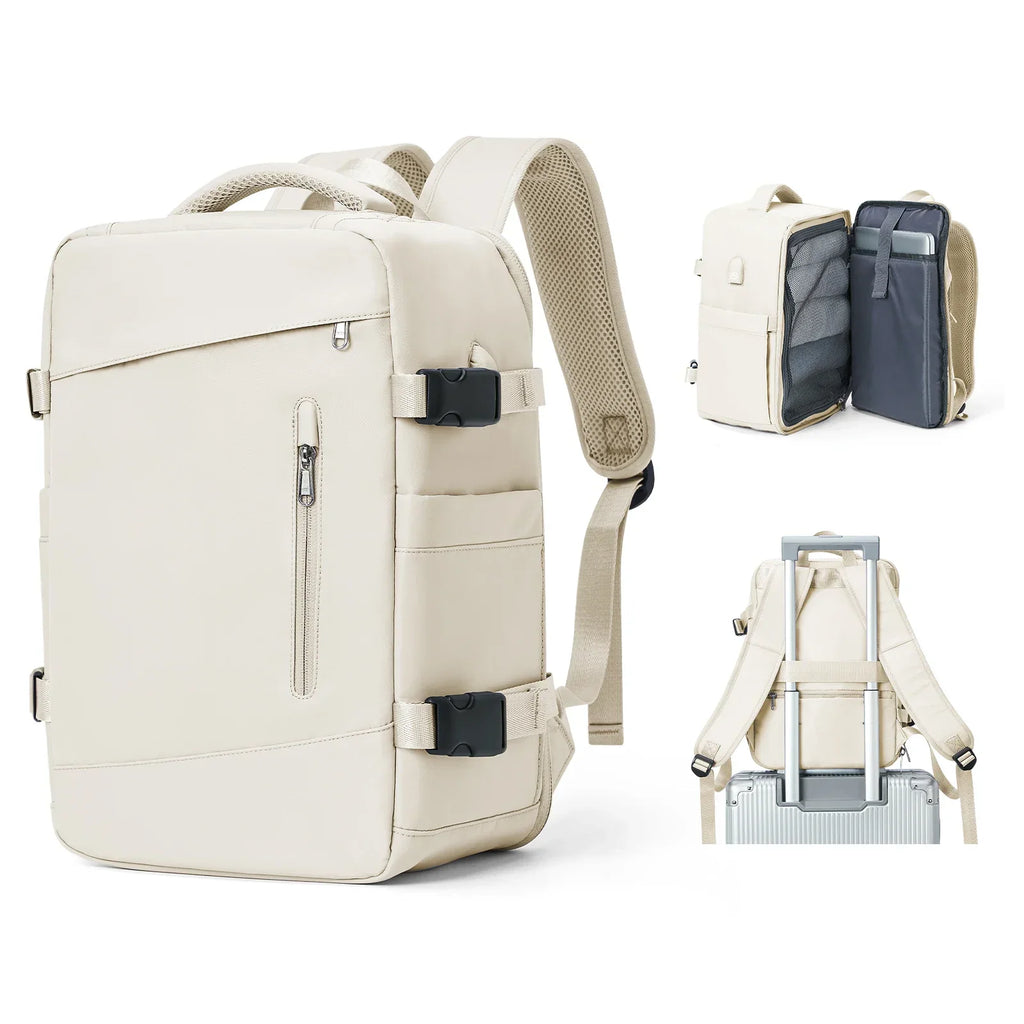 Sac à dos de voyage femme en nylon, ouverture à 180°, beige