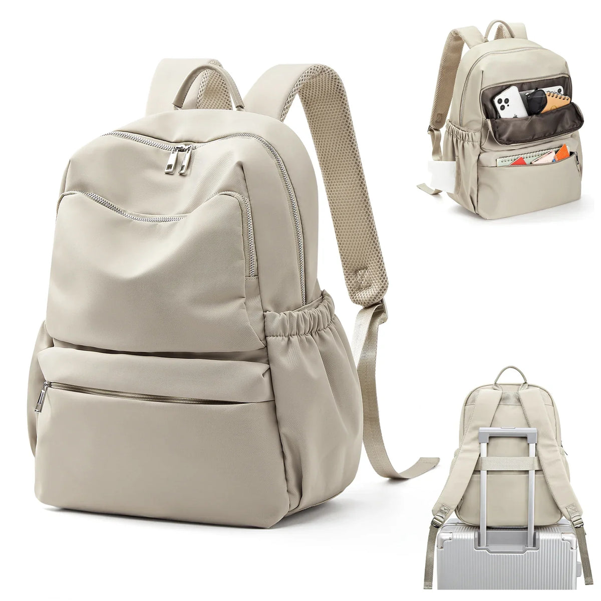 Sac à dos femme ordinateur 15 pouces en nylon déperlant, beige