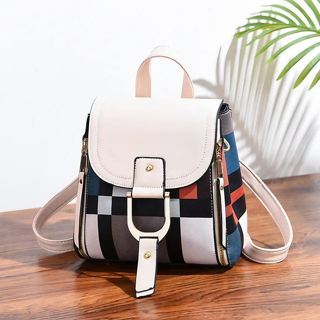 Sac à dos femme de ville léger, similicuir et tissu, beige